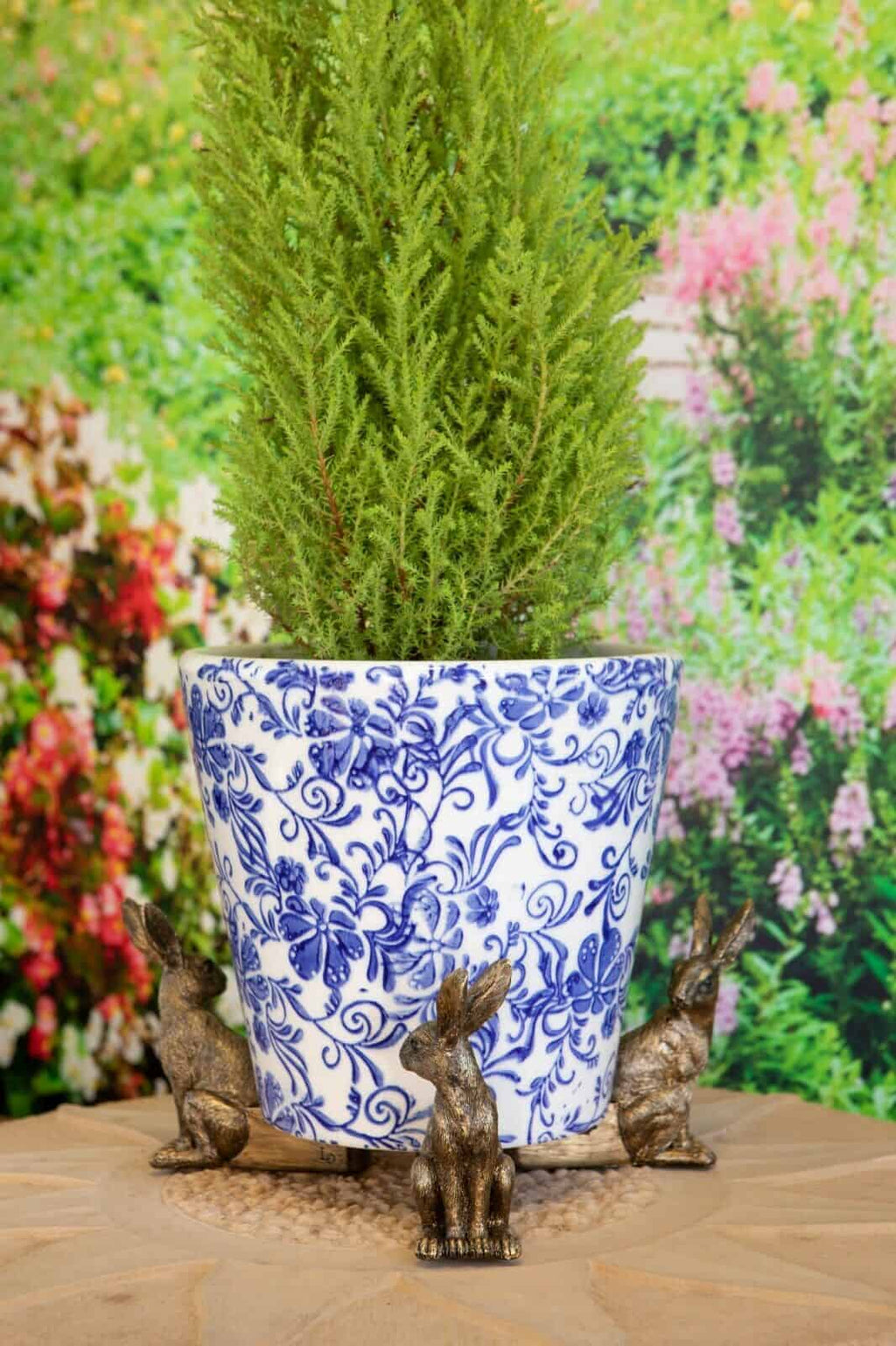 Round Ceramic Floral Planter in Blue