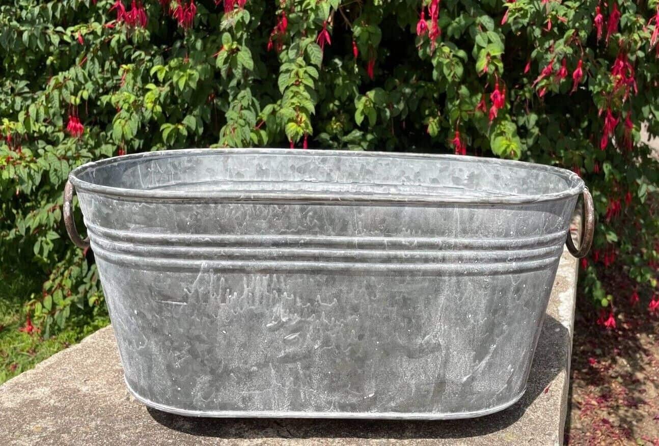 An oval shaped plant pot of galvanised grey metal with hoop handles on the far sides. Situated in a British garden with red flora in the background