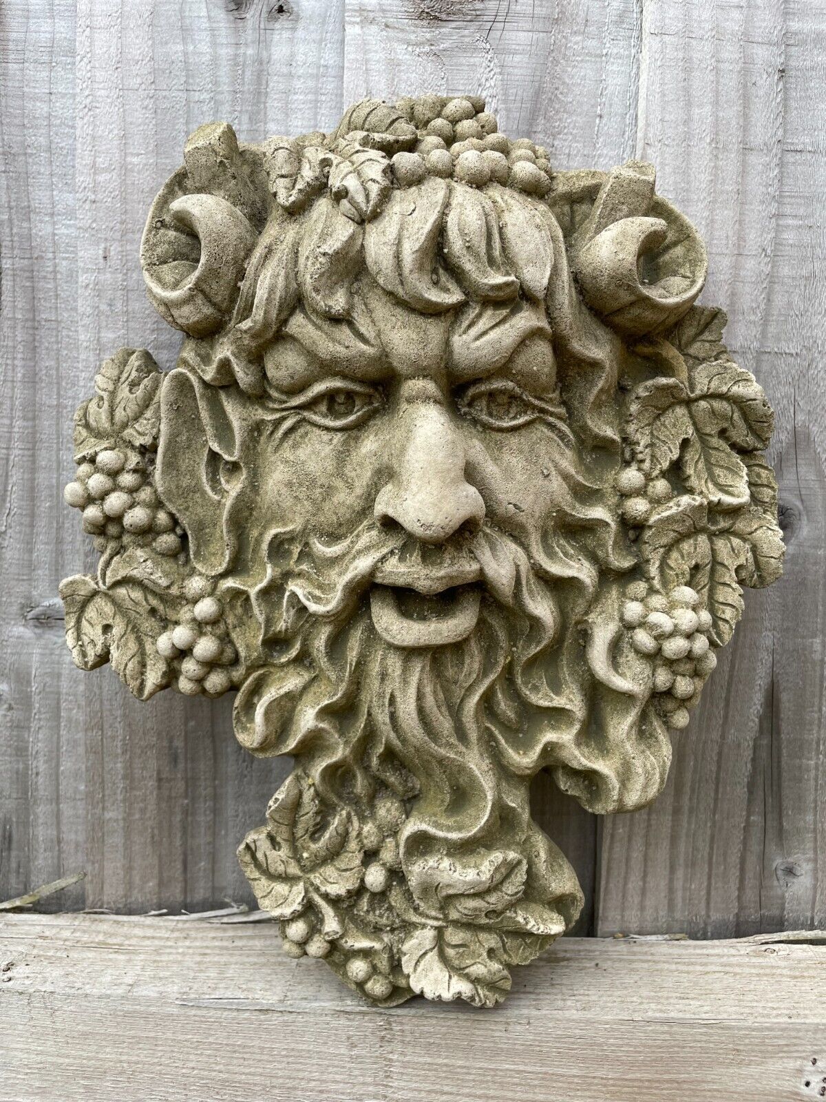 A Greenman face stone statue with long, untamed hair adorned with grapes and horns placed upon his head. Situated on the fence of a UK Garden