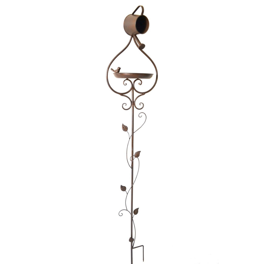 A Beautiful balance stake with leave winding upwards forming a bird bath with watering-can pouring as decoration at the top
