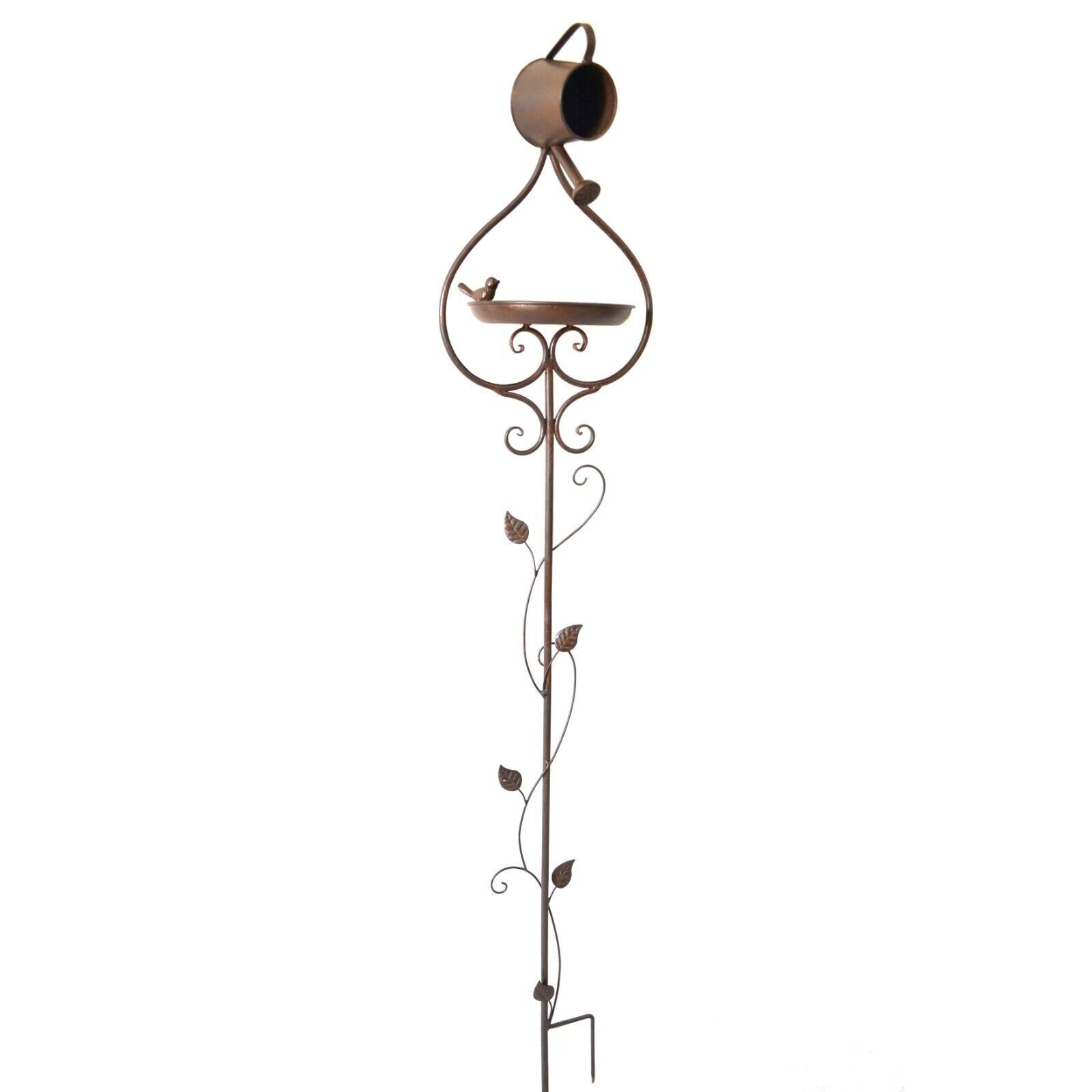 A Beautiful balance stake with leave winding upwards forming a bird bath with watering-can pouring as decoration at the top