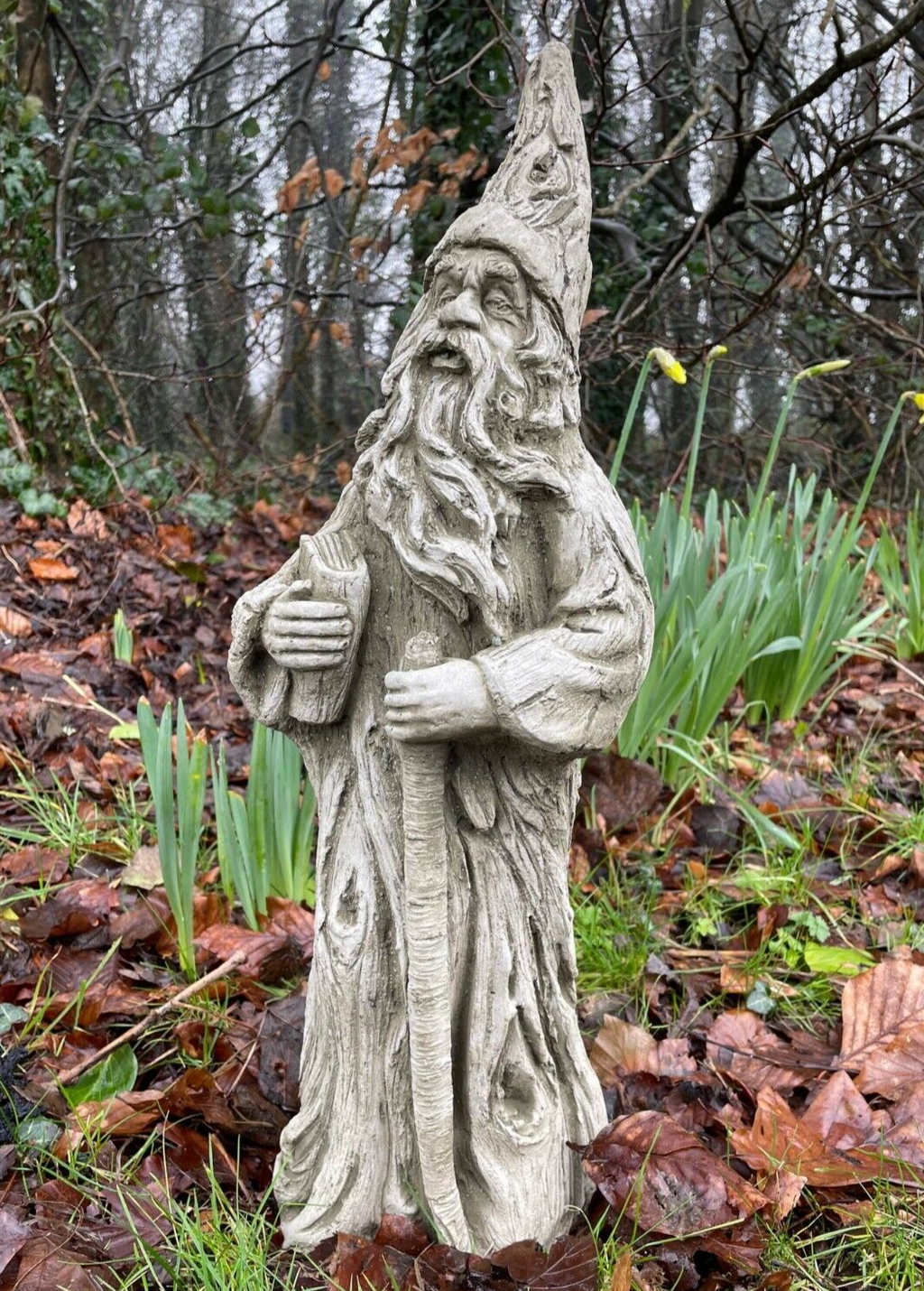 Wizard Stone Garden Statue | Mythical Warlock Outdoor Ornament