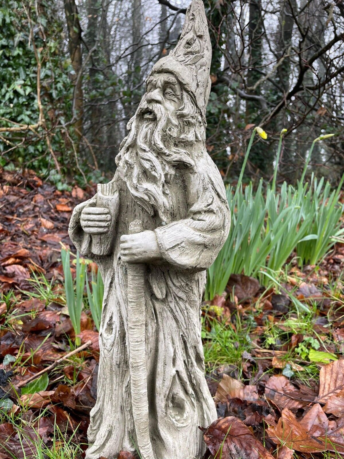 Wizard Stone Garden Statue | Mythical Warlock Outdoor Ornament