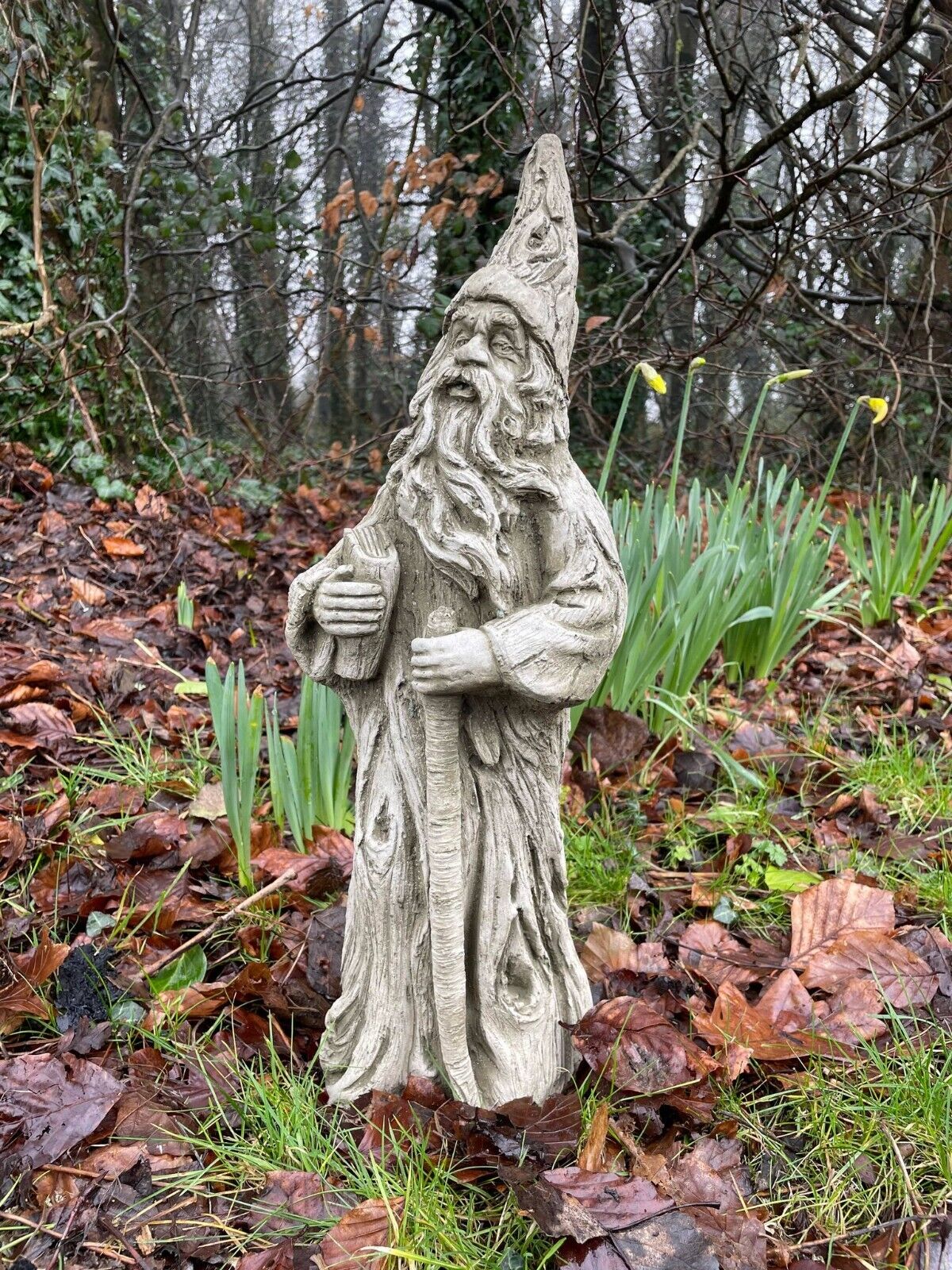 Wizard Stone Garden Statue | Mythical Warlock Outdoor Ornament