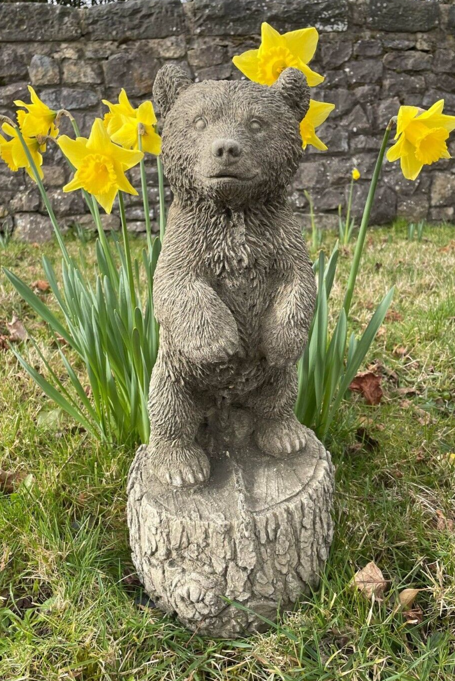 A sweet bear cub grey statue standing inquisitively on hind legs, perched on a tree-stump. Situated amongst the daffodils of a British Garden