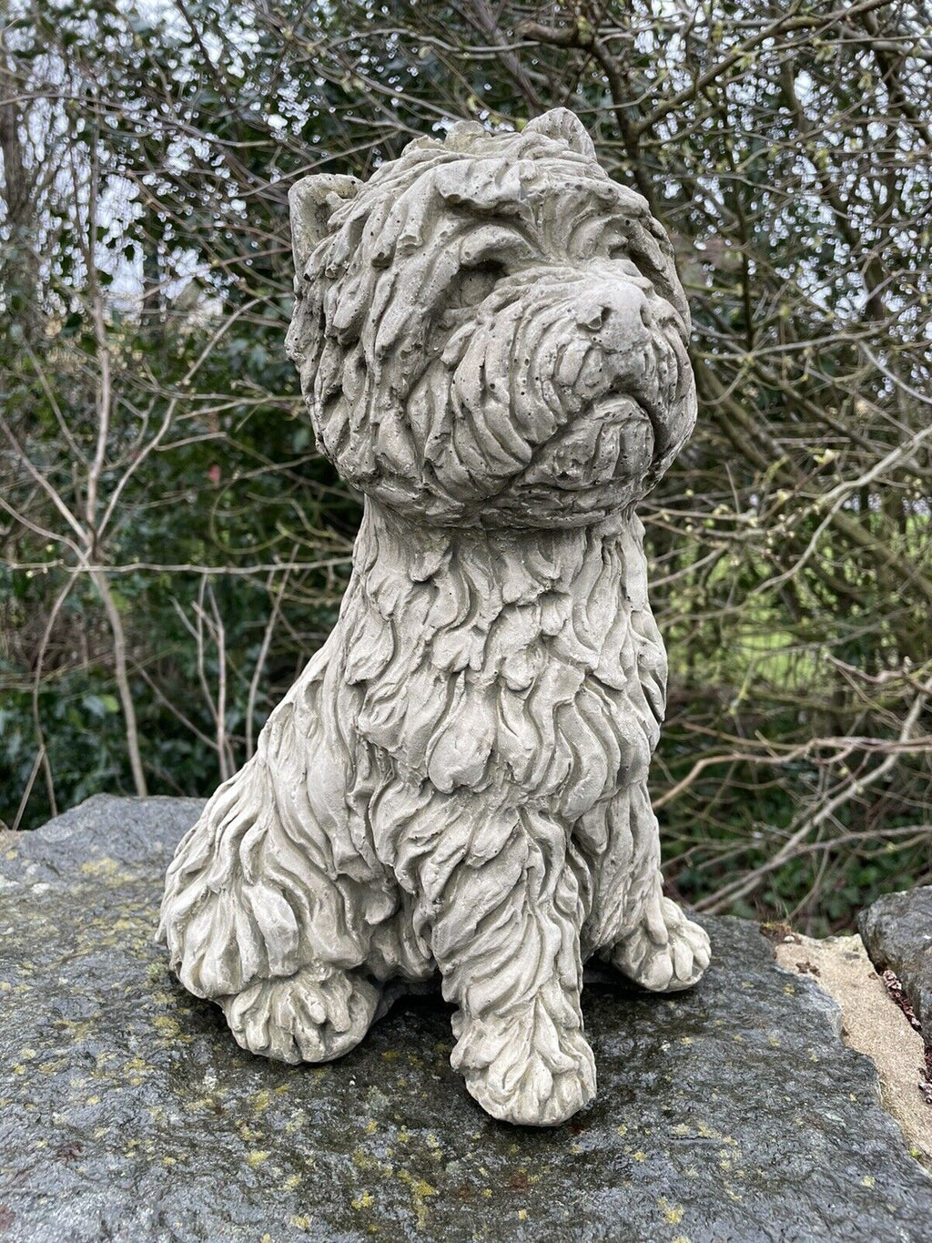 A lovely, detailed Westie dog with stoic face. Situated on the wall of a British garden with green foliage in the background
