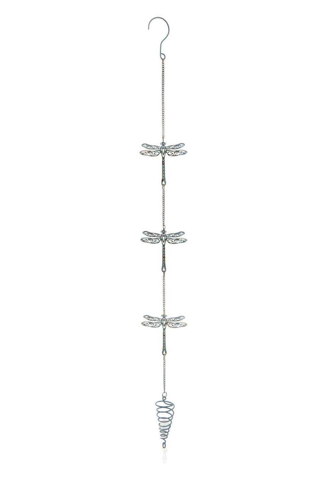 3 dragonflies hanging on a chain with decoration at the bottom and hook at the top. Situated on a white background