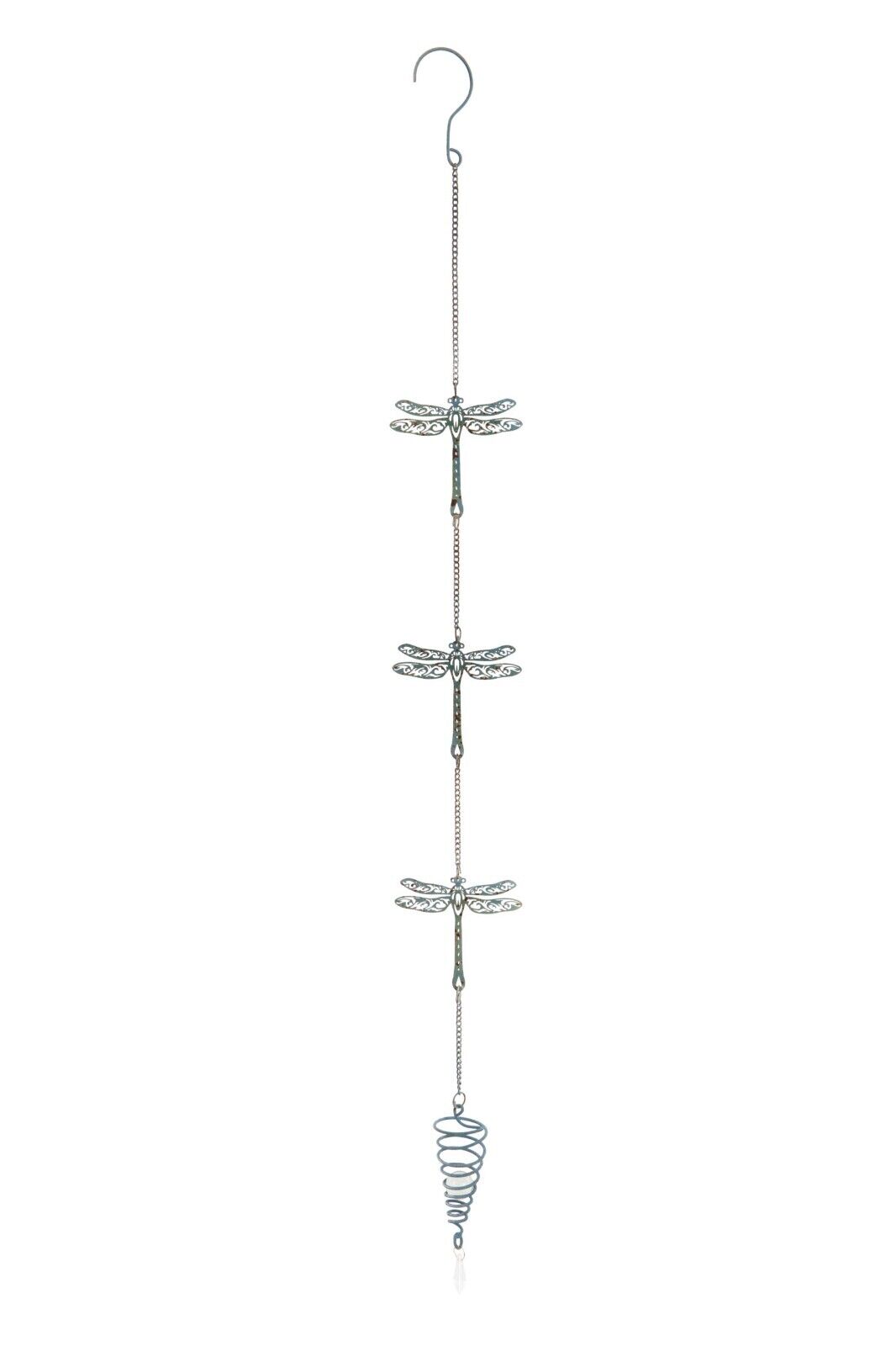 3 dragonflies hanging on a chain with decoration at the bottom and hook at the top. Situated on a white background