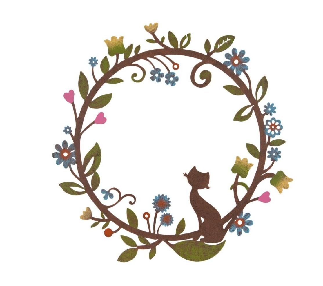A metal hanging plaque adorned with colourful flowers and an elegant cat. Situated on a white studio background