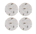 4 round coasters of white finish featuring flying bumble bee illustrations. Situated on a white studio background