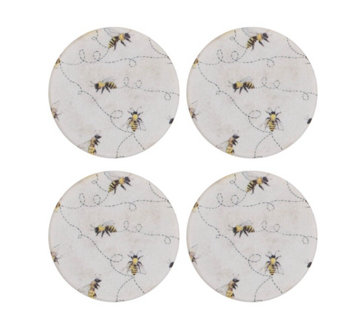 4 round coasters of white finish featuring flying bumble bee illustrations. Situated on a white studio background