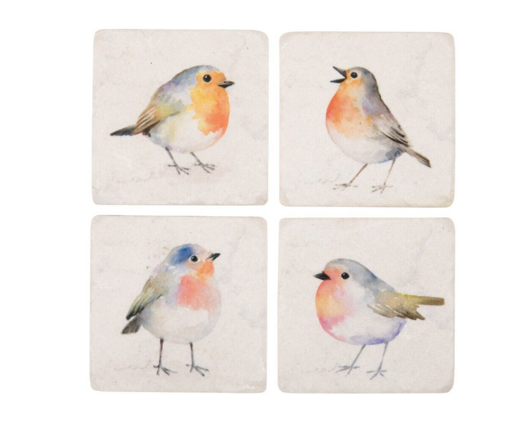 a set of four white coasters featuring cute full colour drawings of robins on branches. Situated on a white studio background