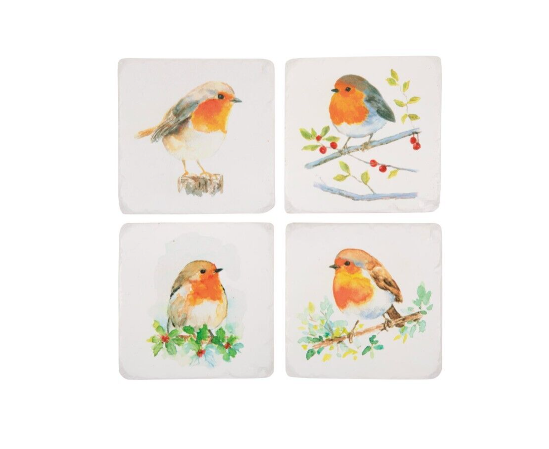 a set of four white coasters featuring cute full colour drawings of robins on branches. Situated on a white studio background