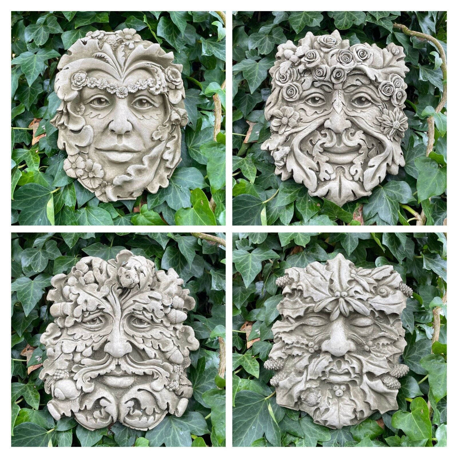 Set 4x Four Seasons Green Man Stone Hanging Plaque | Ivy Outdoor Garden Ornament