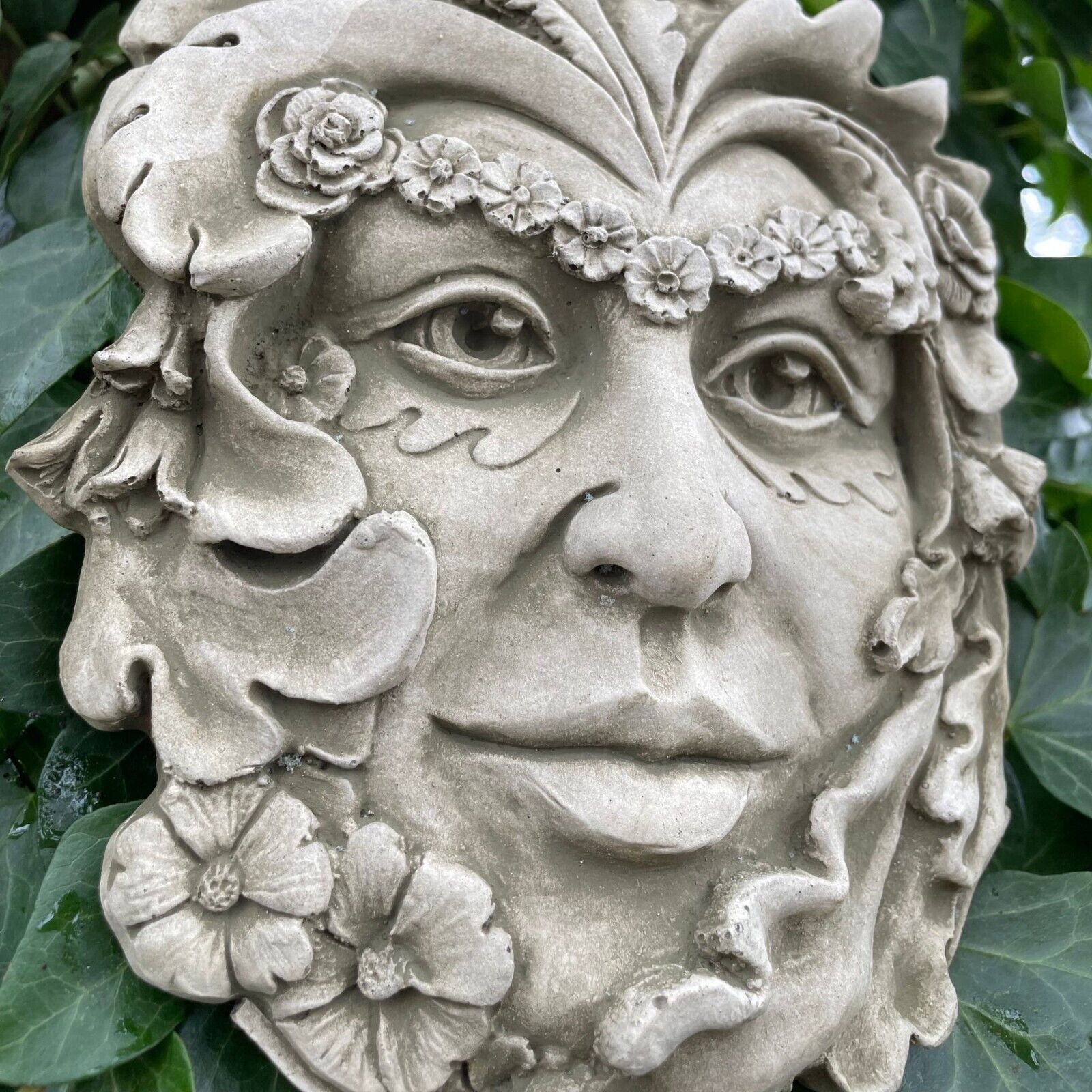 Set 4x Four Seasons Green Man Stone Hanging Plaque | Ivy Outdoor Garden Ornament