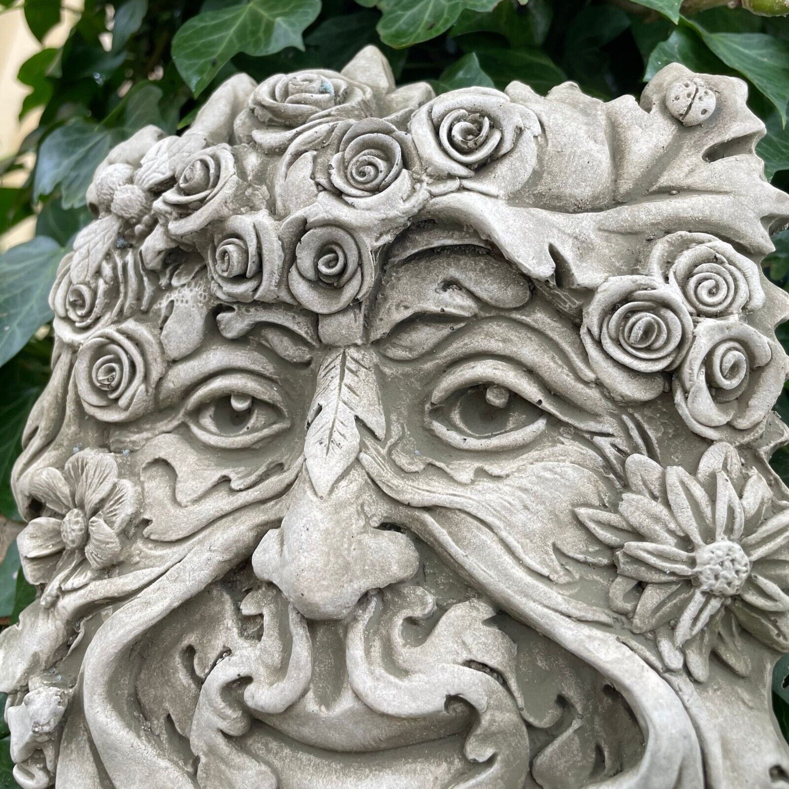 Set 4x Four Seasons Green Man Stone Hanging Plaque | Ivy Outdoor Garden Ornament