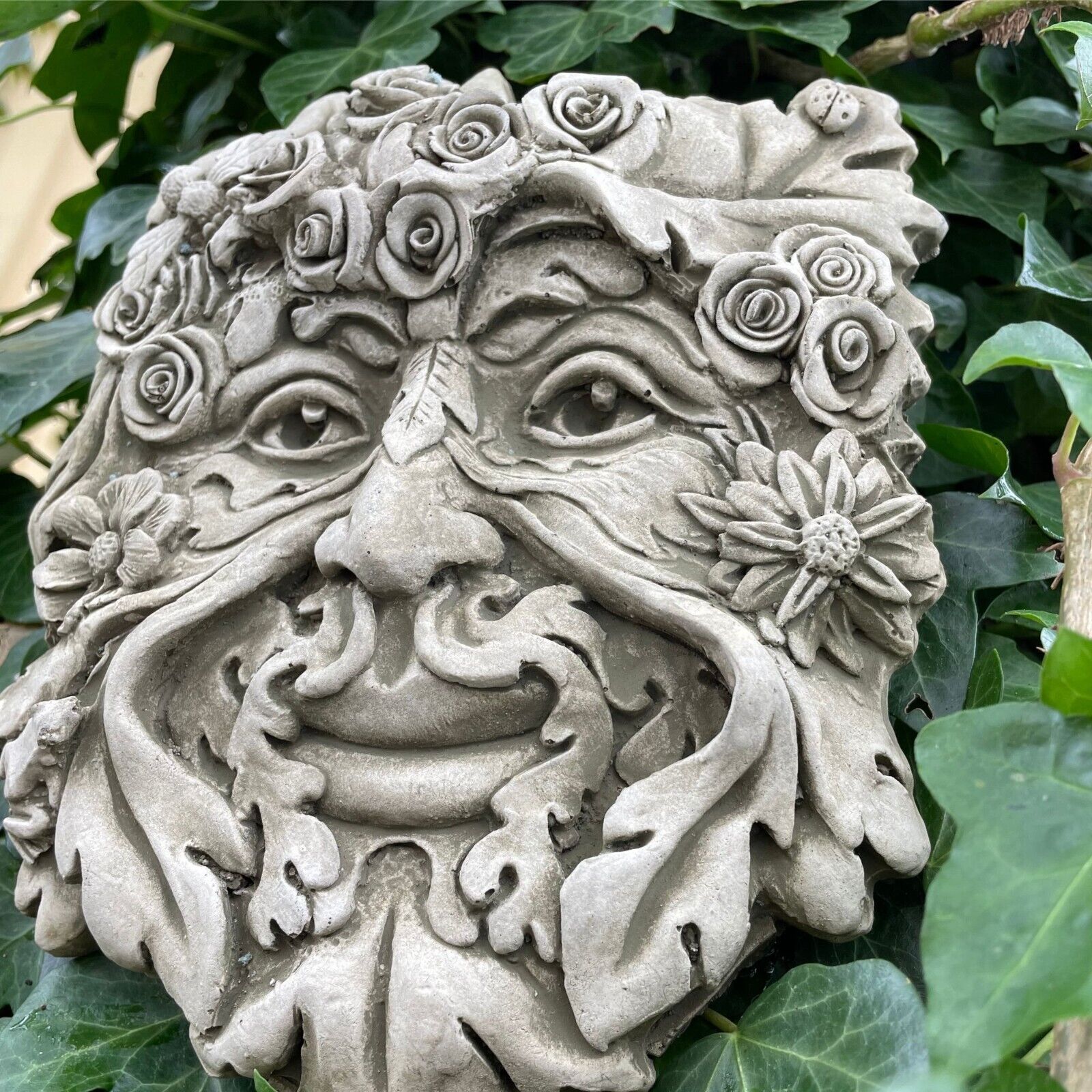 Set 4x Four Seasons Green Man Stone Hanging Plaque | Ivy Outdoor Garden Ornament