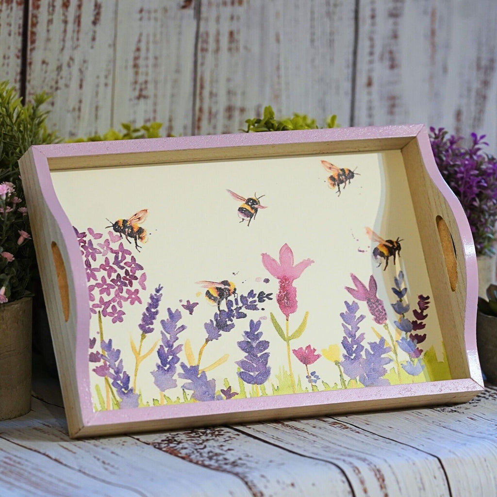 Wooden Serving Tray Lavender Flowers + Bees