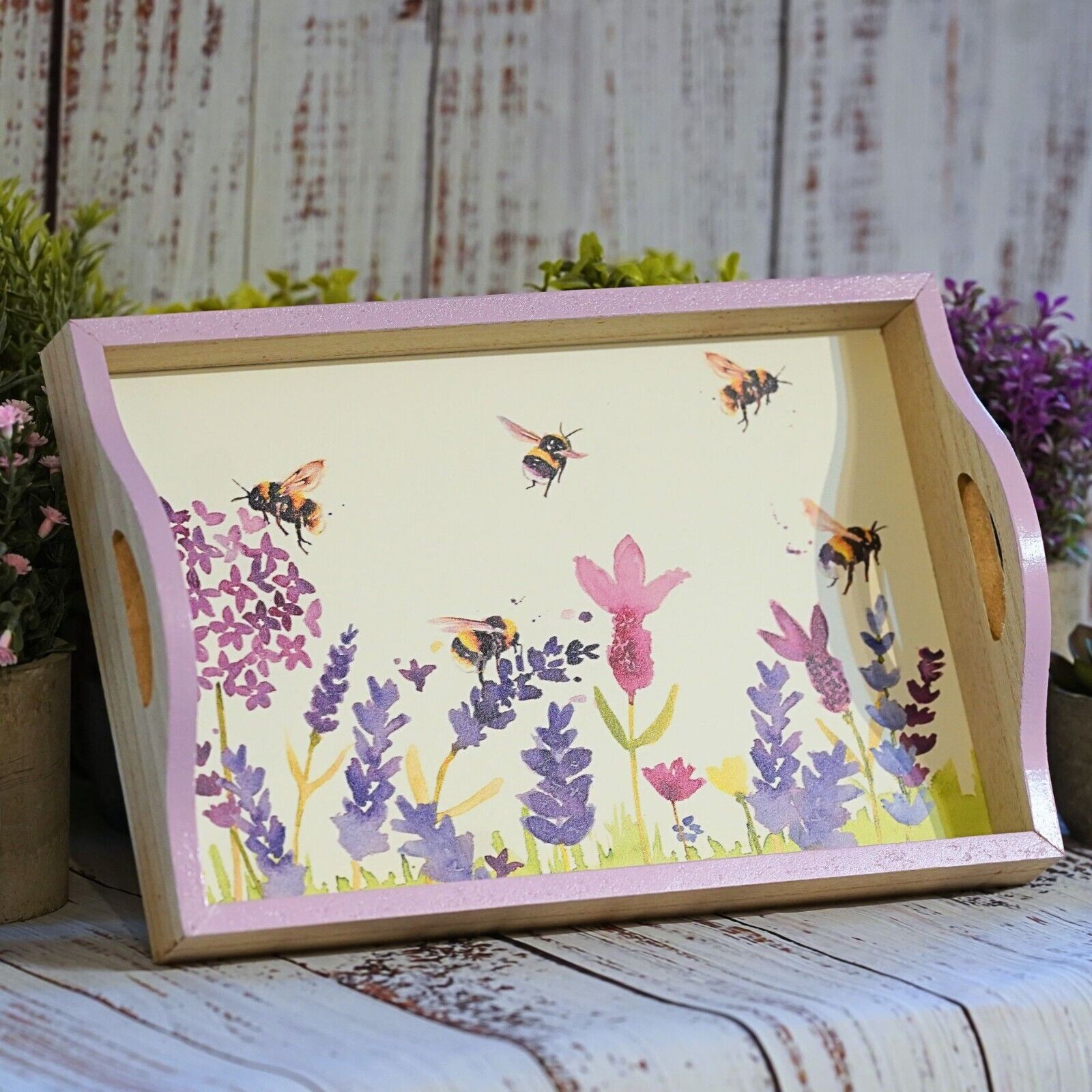 Wooden Serving Tray Lavender Flowers + Bees