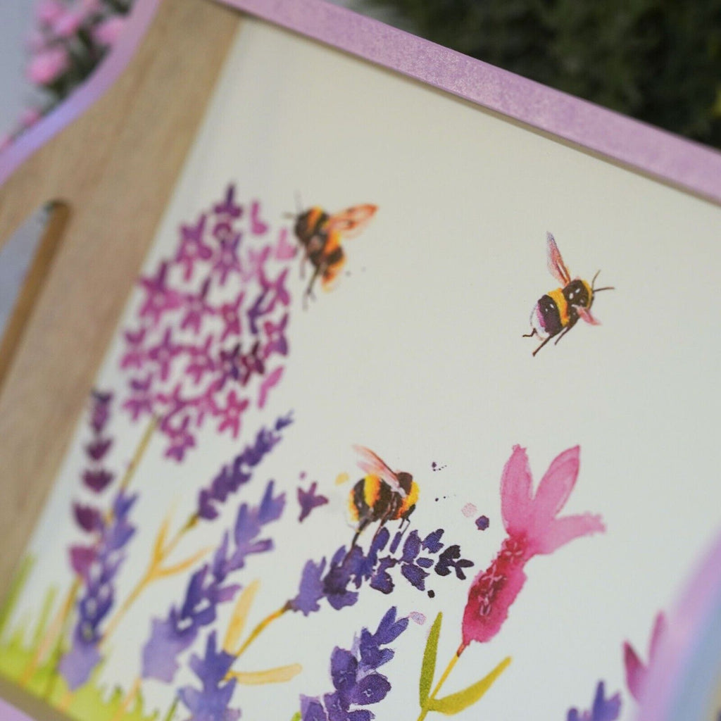 Wooden Serving Tray Lavender Flowers + Bees