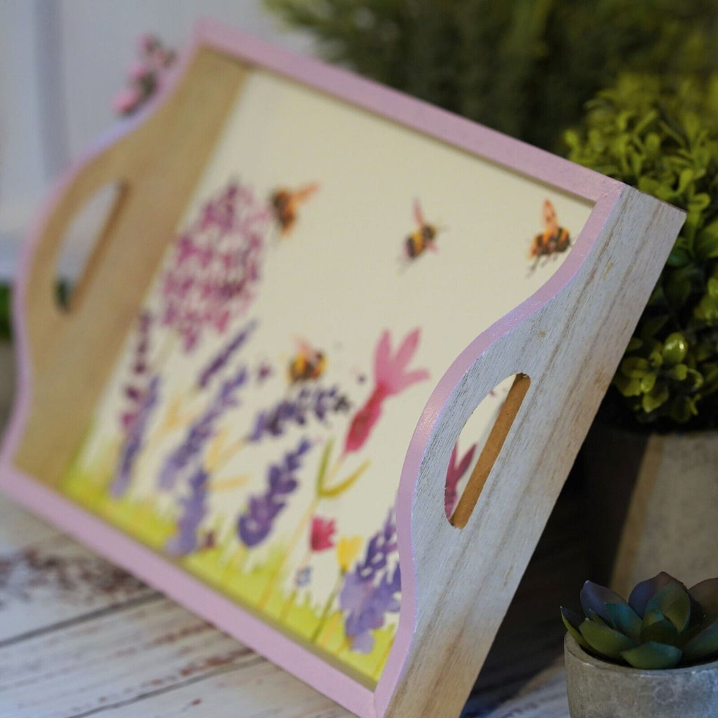 Wooden Serving Tray Lavender Flowers + Bees