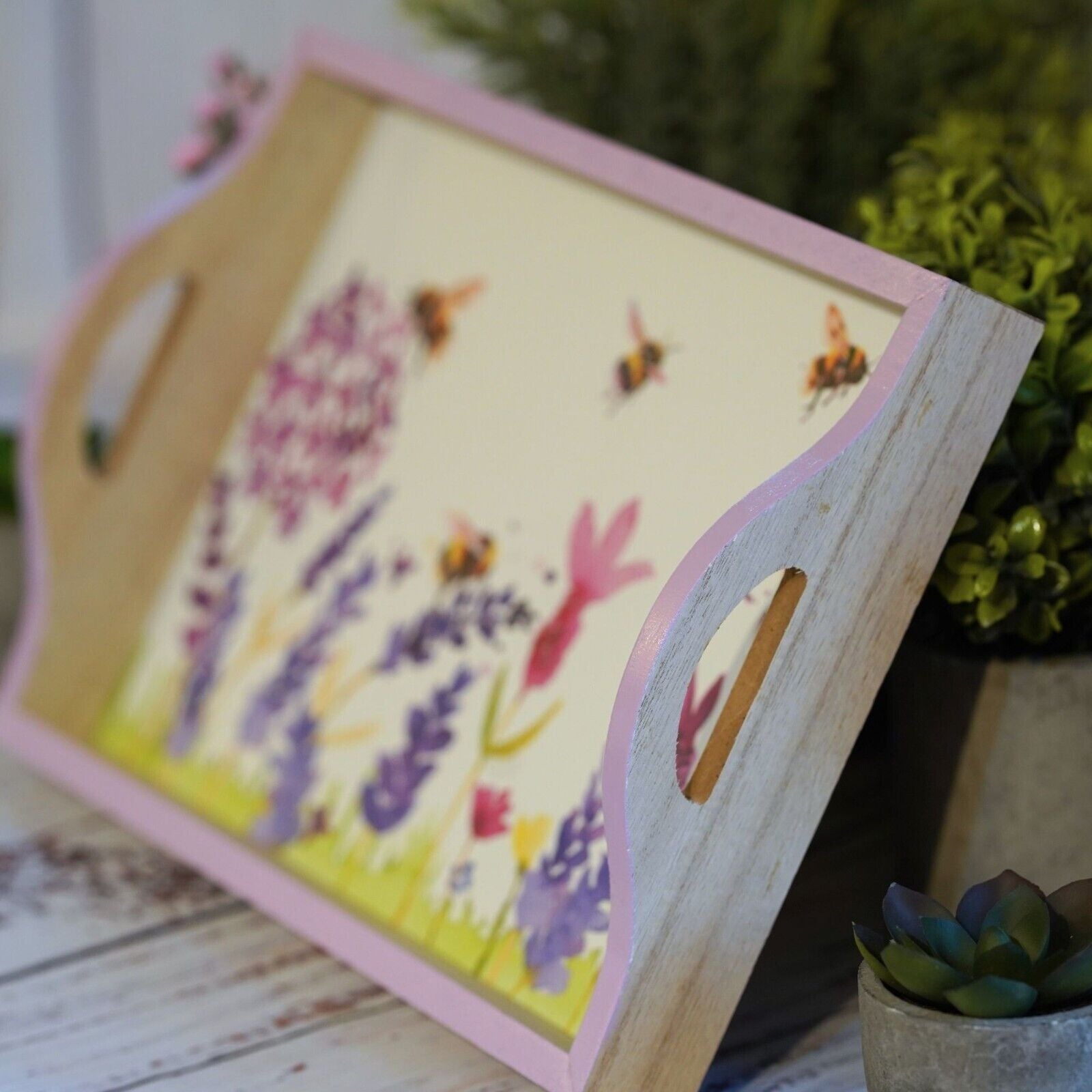 Wooden Serving Tray Lavender Flowers + Bees