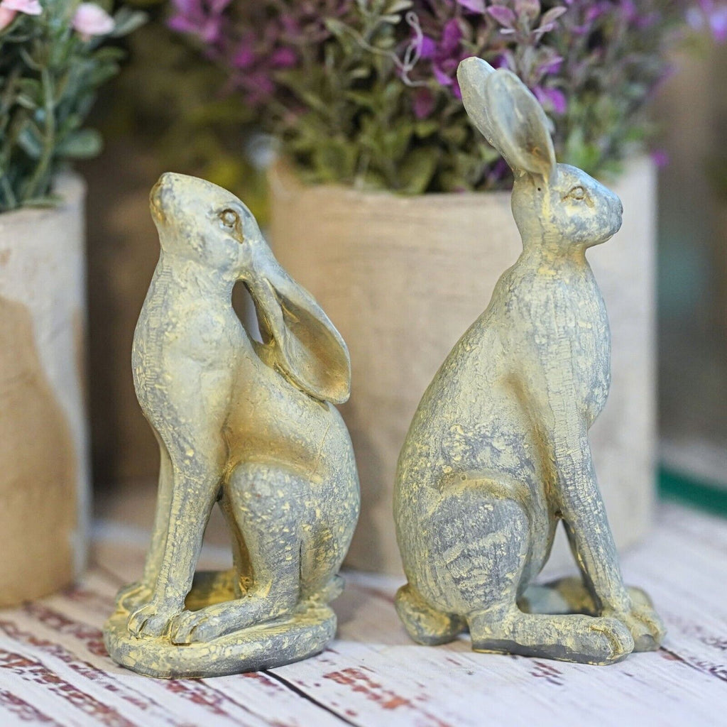 Pair of Hare Resin Statues in Grey