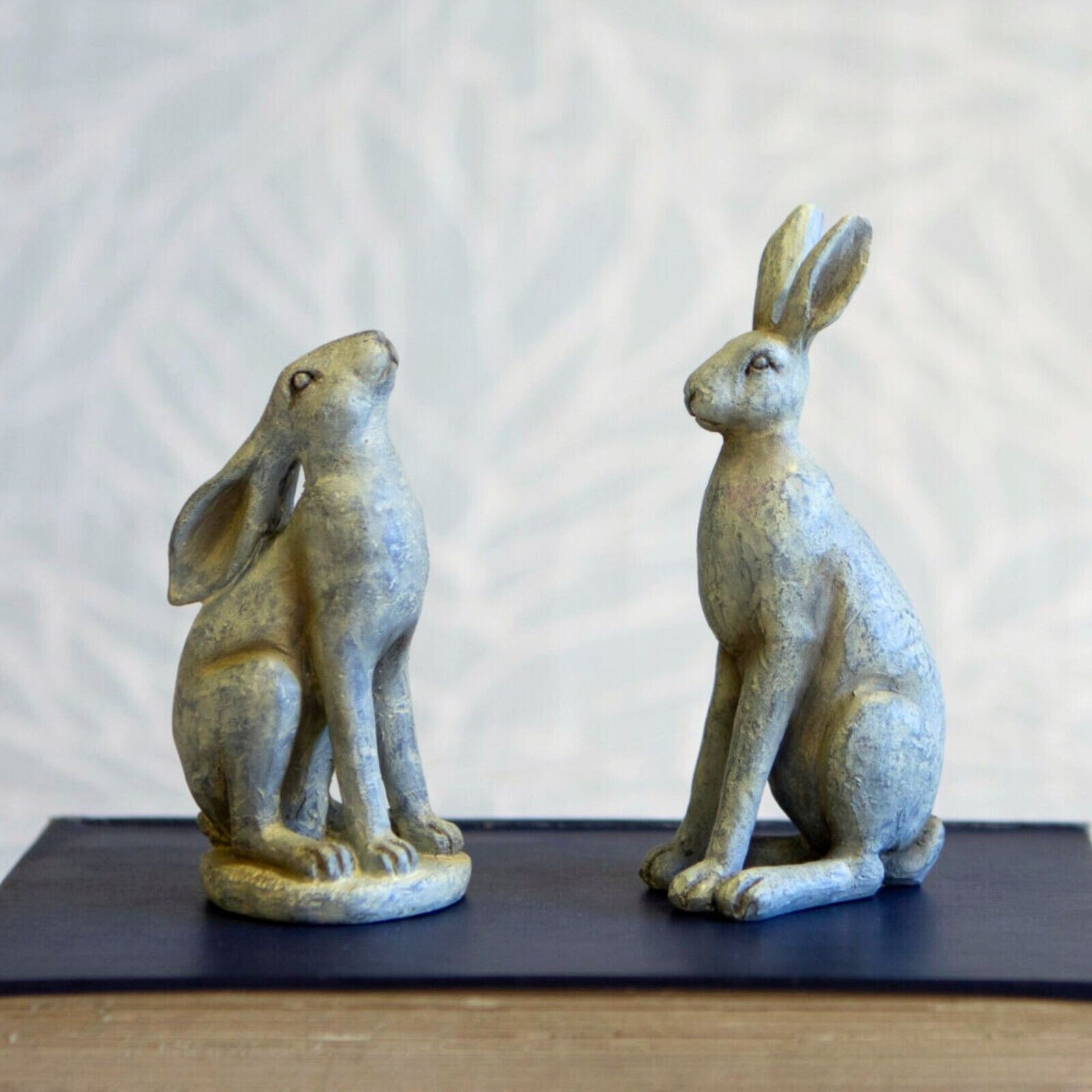 Pair of Hare Resin Statues in Grey