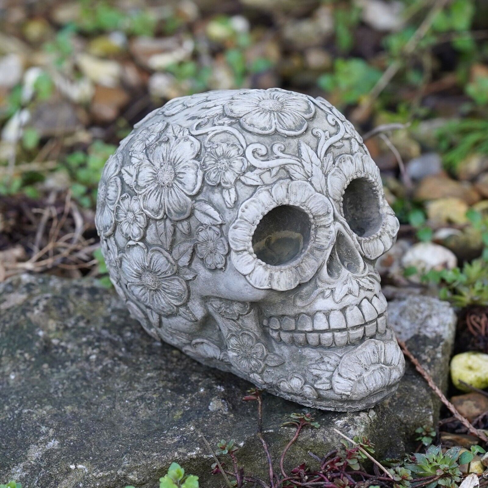 Floral Skull Stone Statue