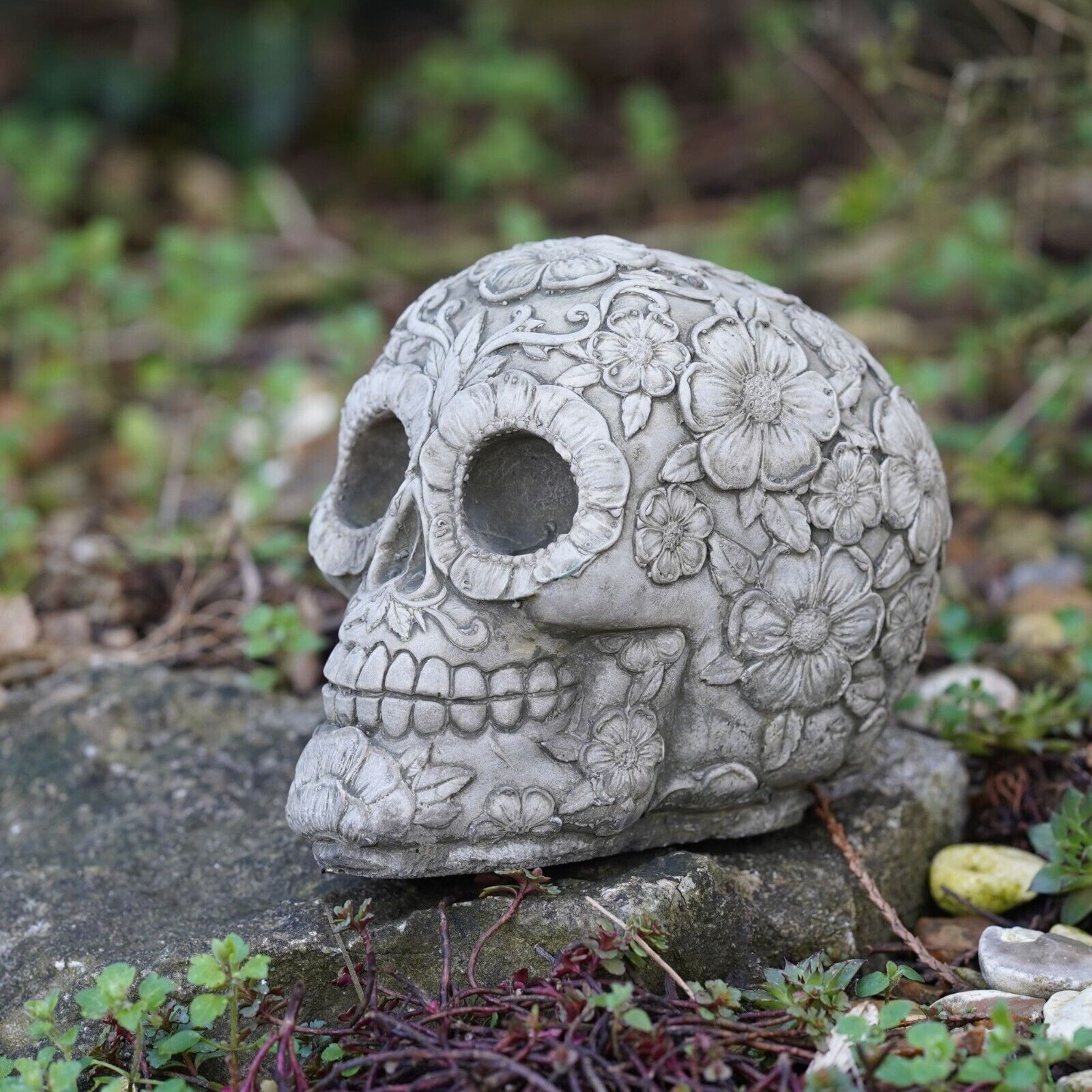 Floral Skull Stone Statue