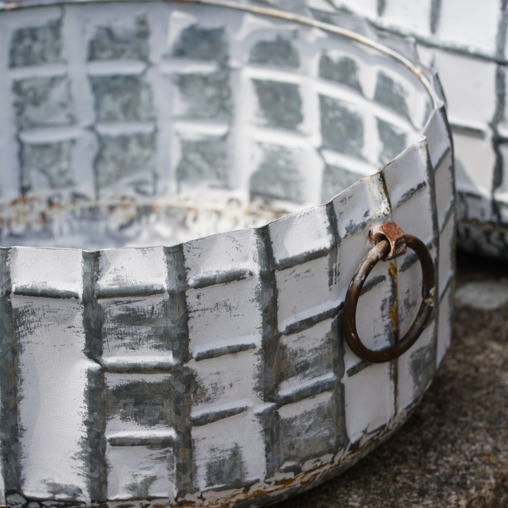 Galvanised Metal Large Planter White Wash Check Set 3