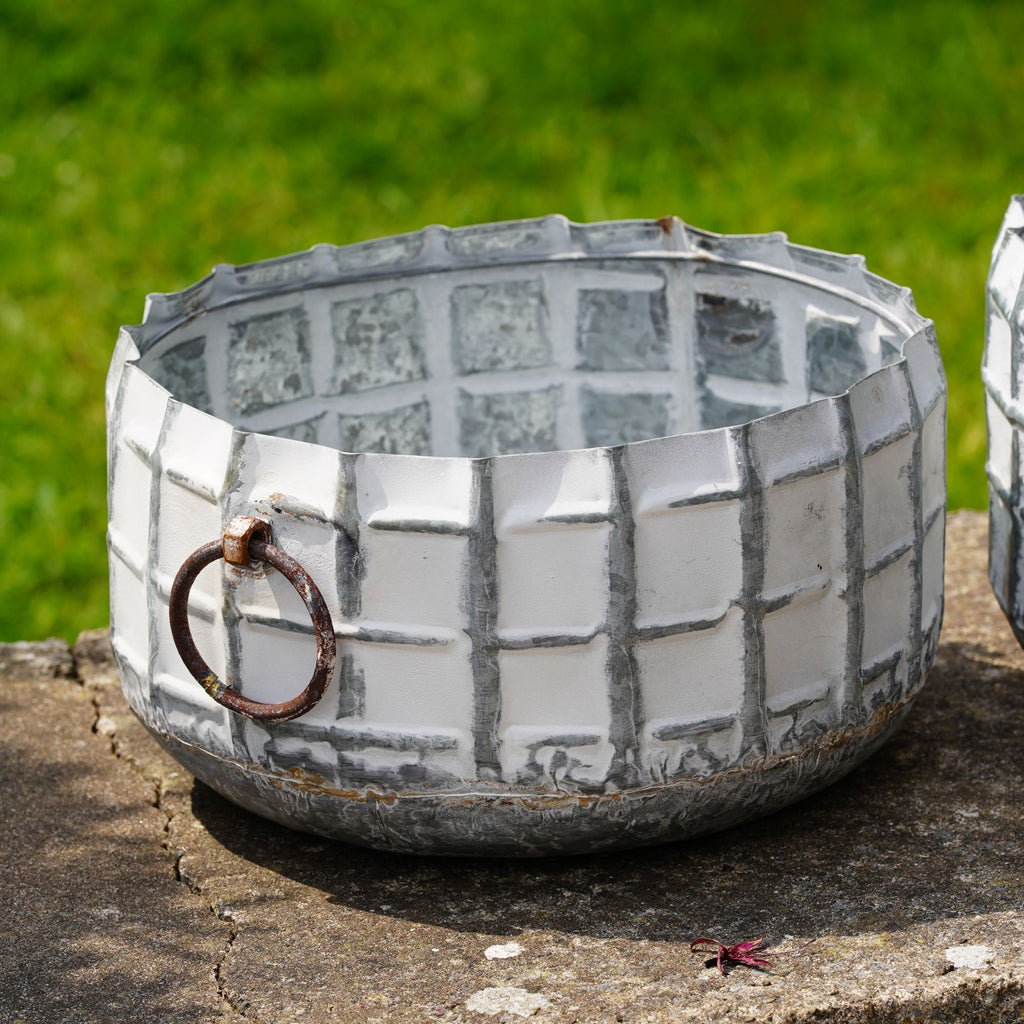 Galvanised Metal Large Planter White Wash Check Set 3