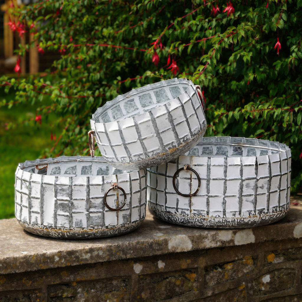 Galvanised Metal Large Planter White Wash Check Set 3