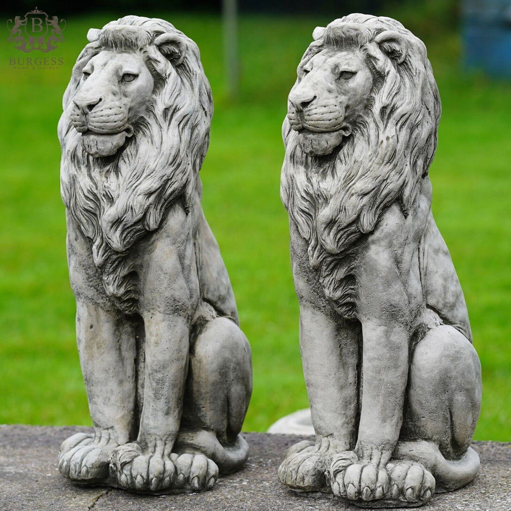 Pair Regal Lion Stone Statues | Outdoor Garden Ornament