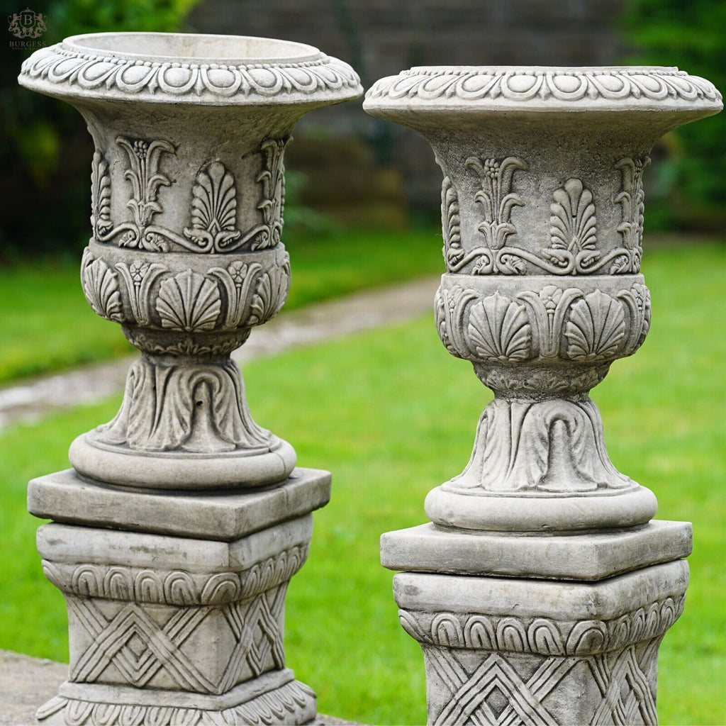 Pair of Classical Urns + Plinths Stone Planters