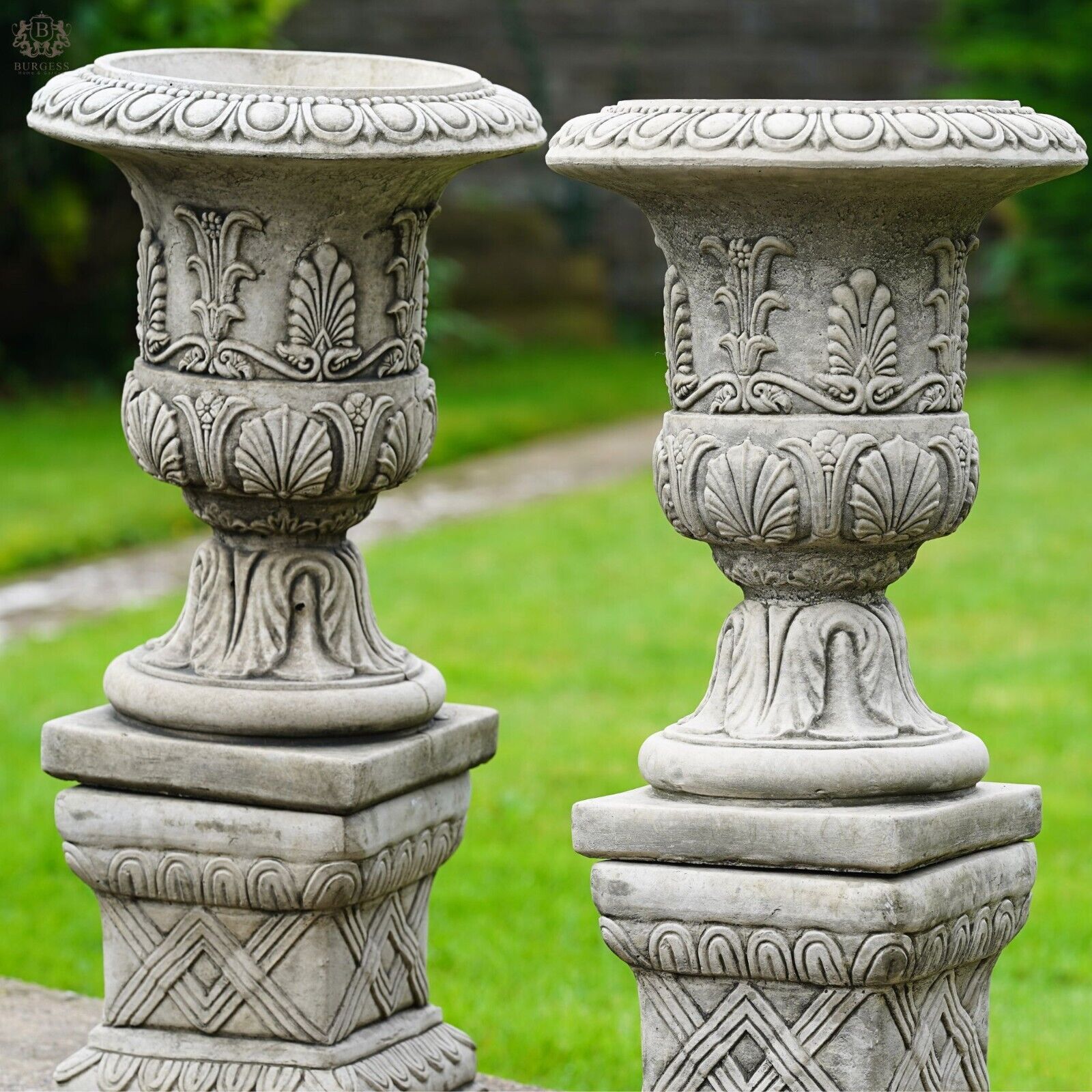 Pair of Classical Urns + Plinths Stone Planters