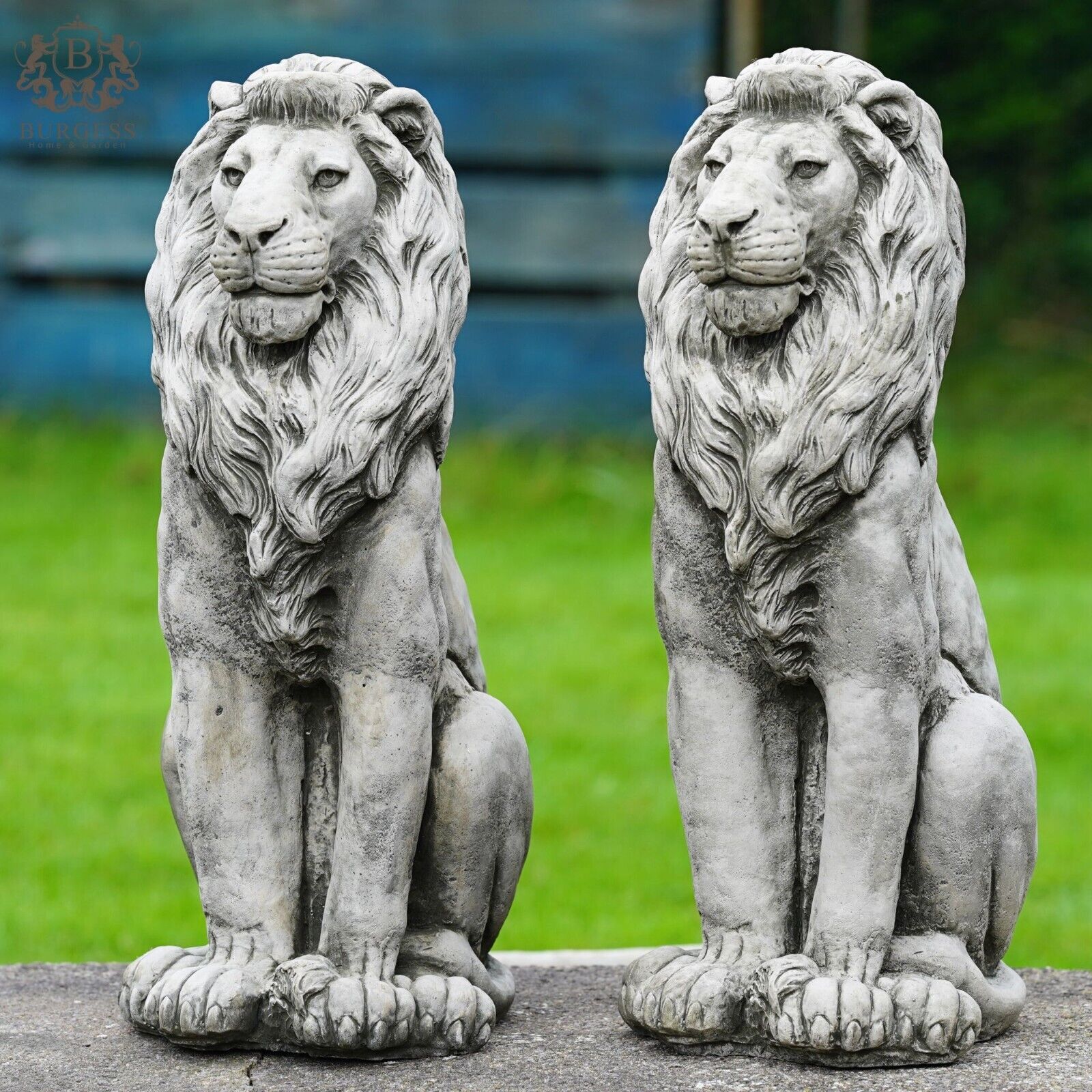 Pair Regal Lion Stone Statues | Outdoor Garden Ornament
