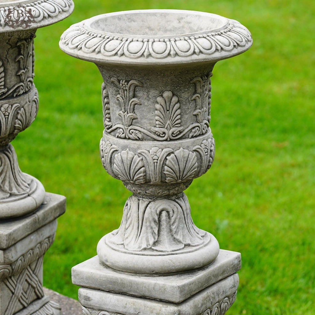 Pair of Classical Urns + Plinths Stone Planters