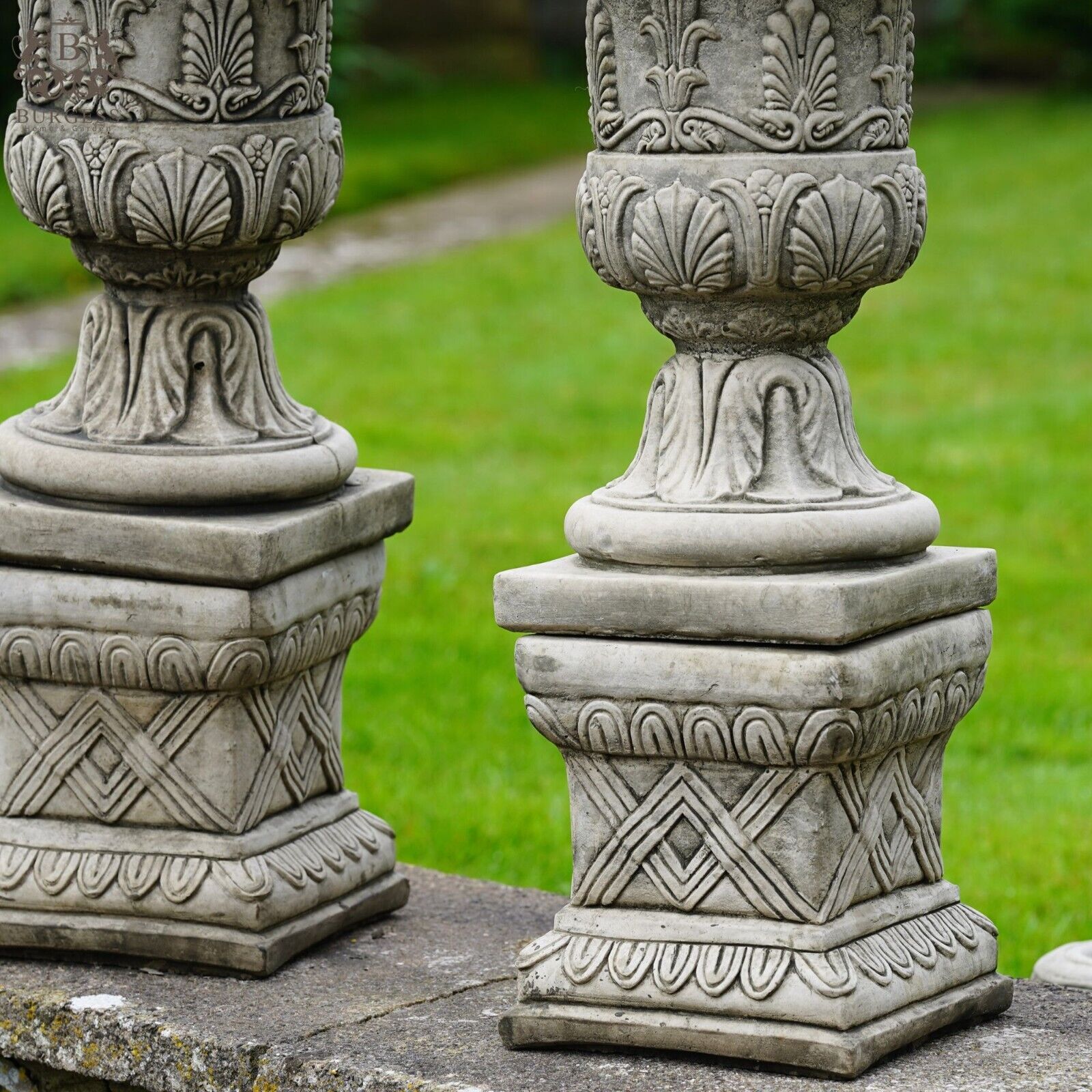 Pair of Classical Urns + Plinths Stone Planters