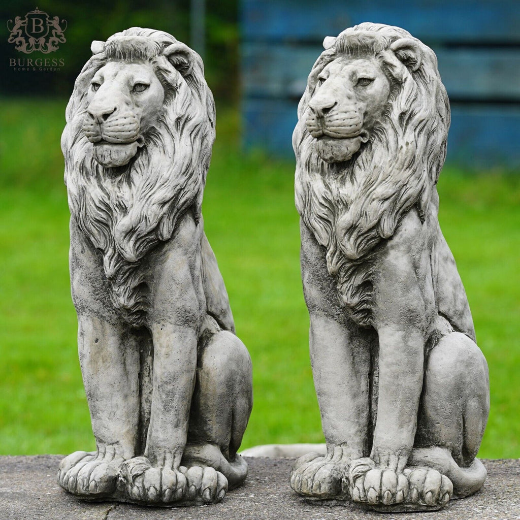 Pair Regal Lion Stone Statues | Outdoor Garden Ornament