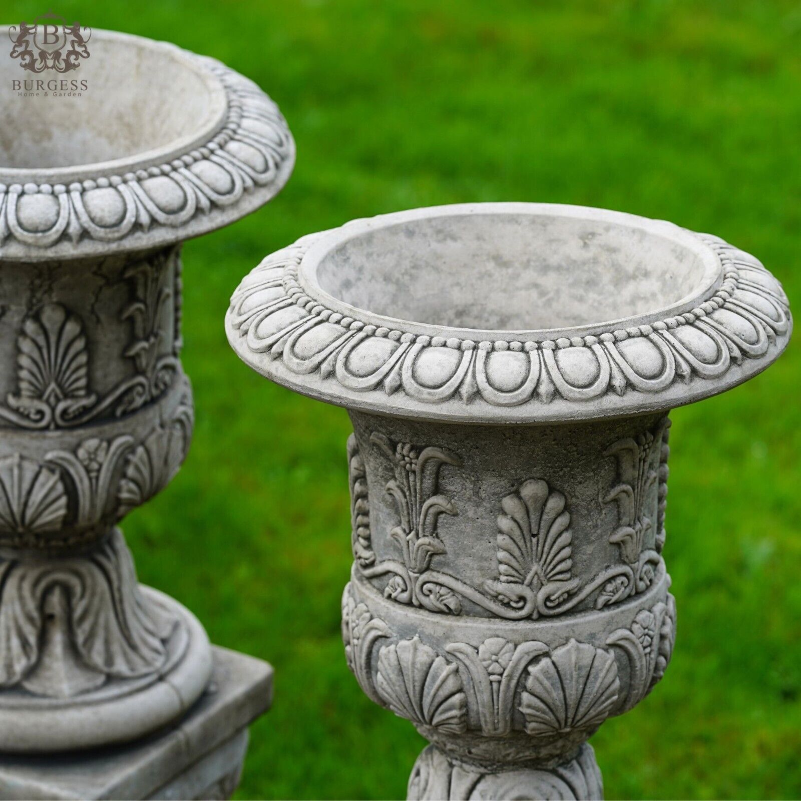 Pair of Classical Urns + Plinths Stone Planters