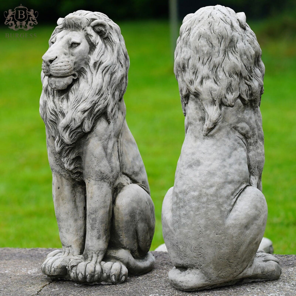 Pair Regal Lion Stone Statues | Outdoor Garden Ornament