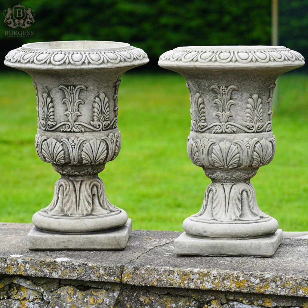 Pair of Classical Urns + Plinths Stone Planters