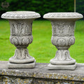 Pair of Classical Urns + Plinths Stone Planters