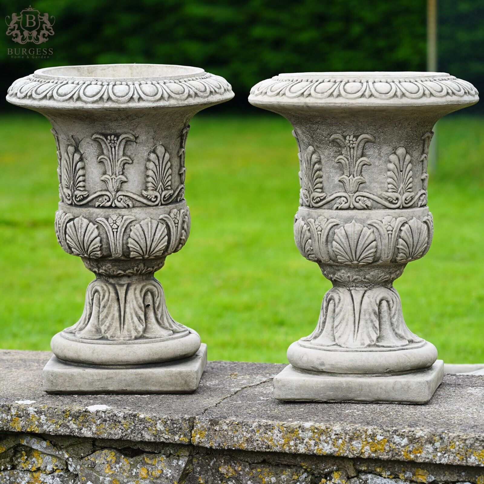 Pair of Classical Urns + Plinths Stone Planters