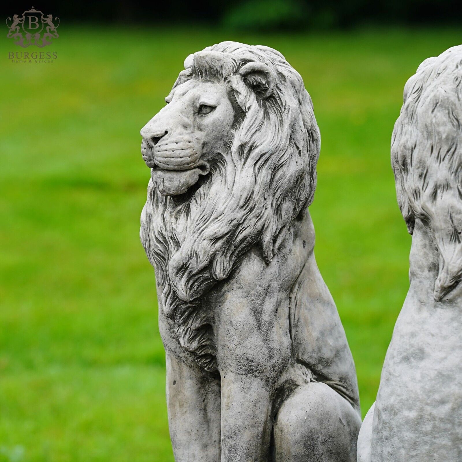 Pair Regal Lion Stone Statues | Outdoor Garden Ornament
