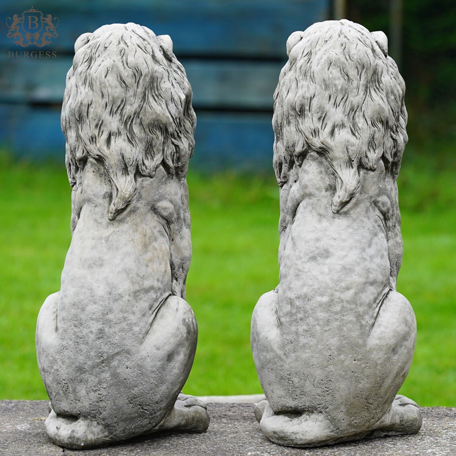 Pair Regal Lion Stone Statues | Outdoor Garden Ornament