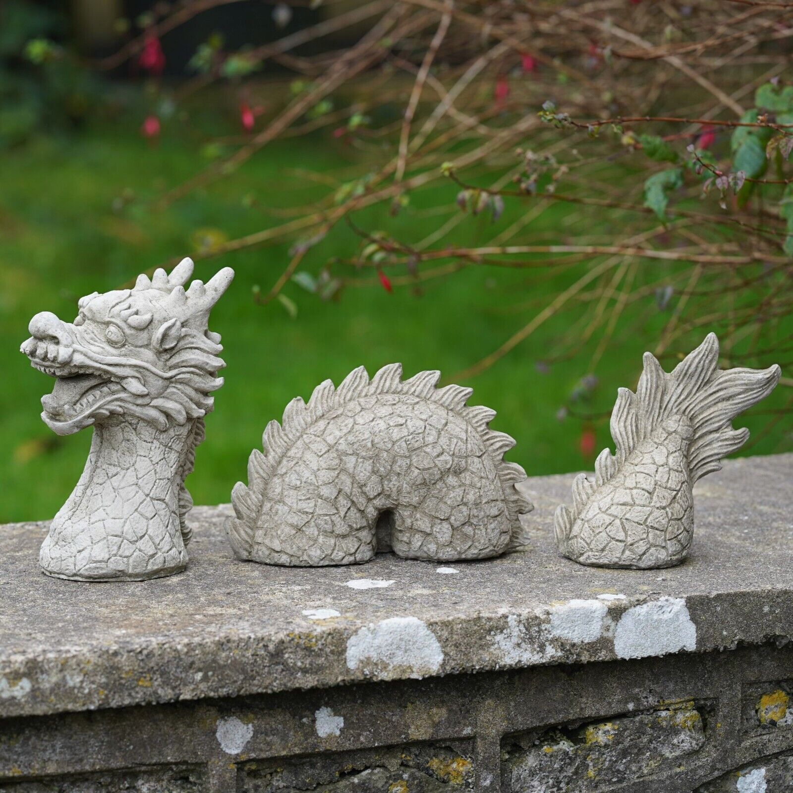 Large 3 Pc Chinese Dragon Stone Statue