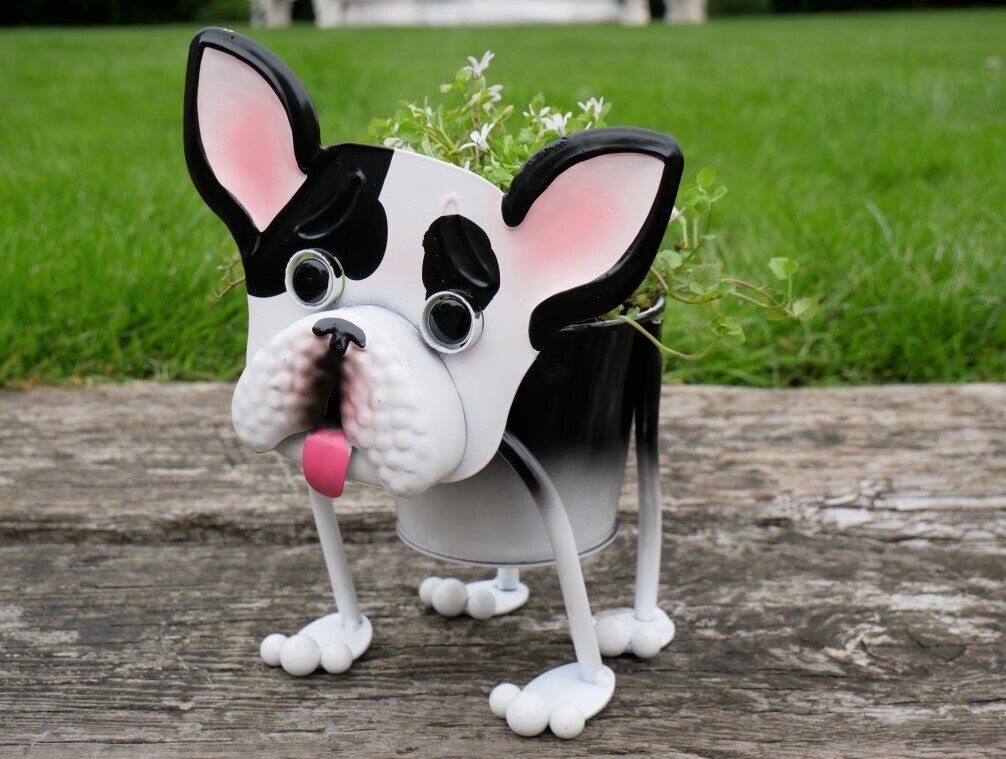 French Bulldog Planter Metal Nodding Puppy Dog Flower Pot