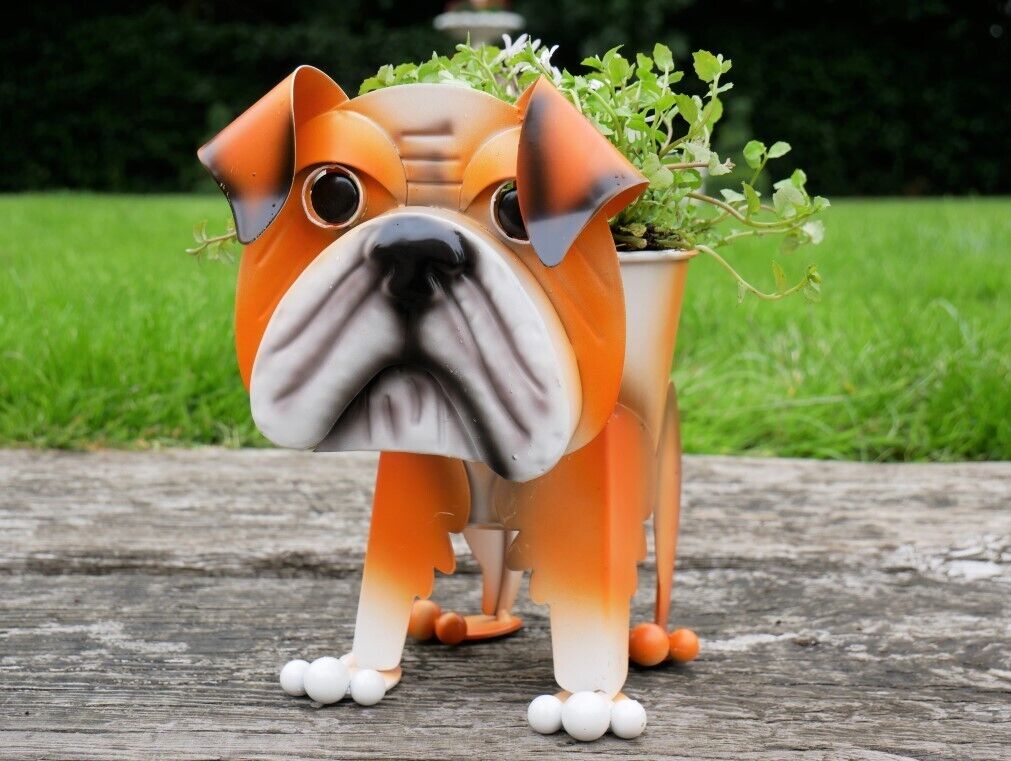 Bulldog Planter Metal Nodding Puppy Dog Flower Pot